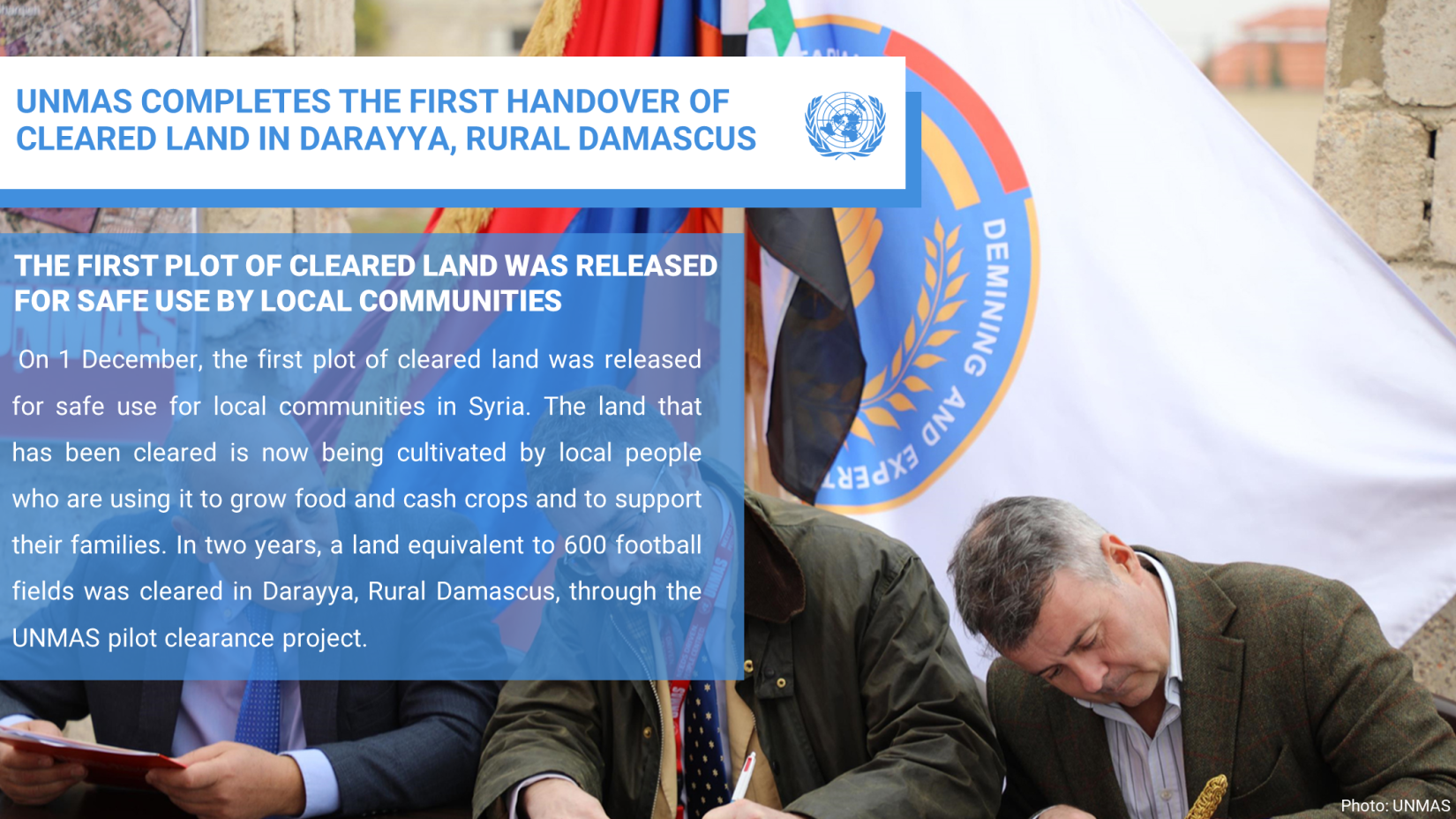 UNMAS COMPLETES THE FIRST HANDOVER OF CLEARED LAND IN DARAYYA, RURAL DAMASCUS